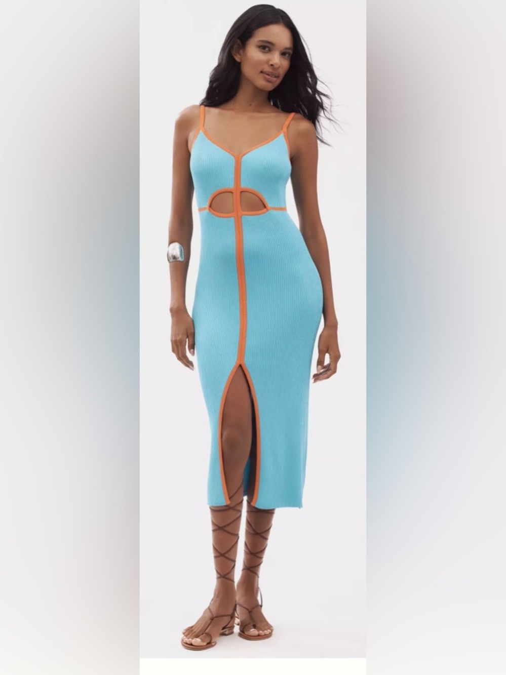 Anthropologie Blue Ribbed Midi Dress with Orange Trim